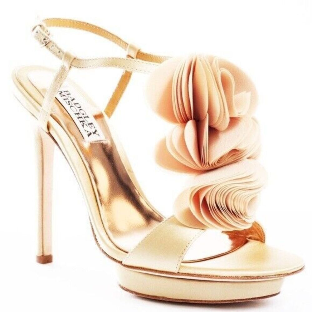 Badgley Mischka Heels Womens Randee Ruffle Flower Ankle Strap in Gold Satin - Picture 2 of 6